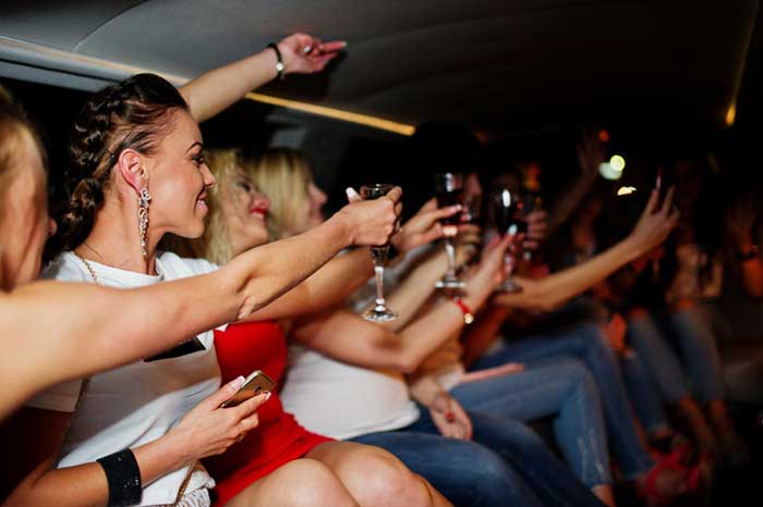 Gorgeous girls having fun and drinking while sitting inside the luxurious Limousin