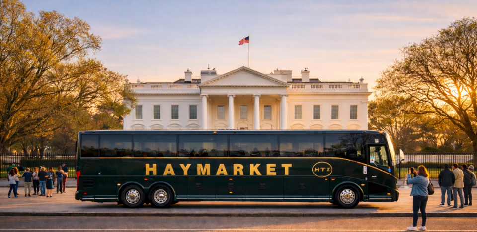 Haymarket Transportation (HTI) luxury motorcoach parked in front of the White House in Washington, DC during golden hour with tourists nearby.